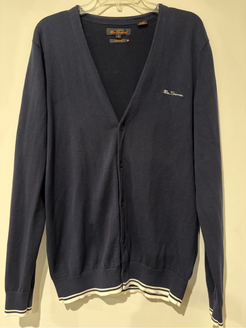 Ben Sherman Men's Navy Blue w/White Stripes Cardigan Preppy 100% Cotton Size XL